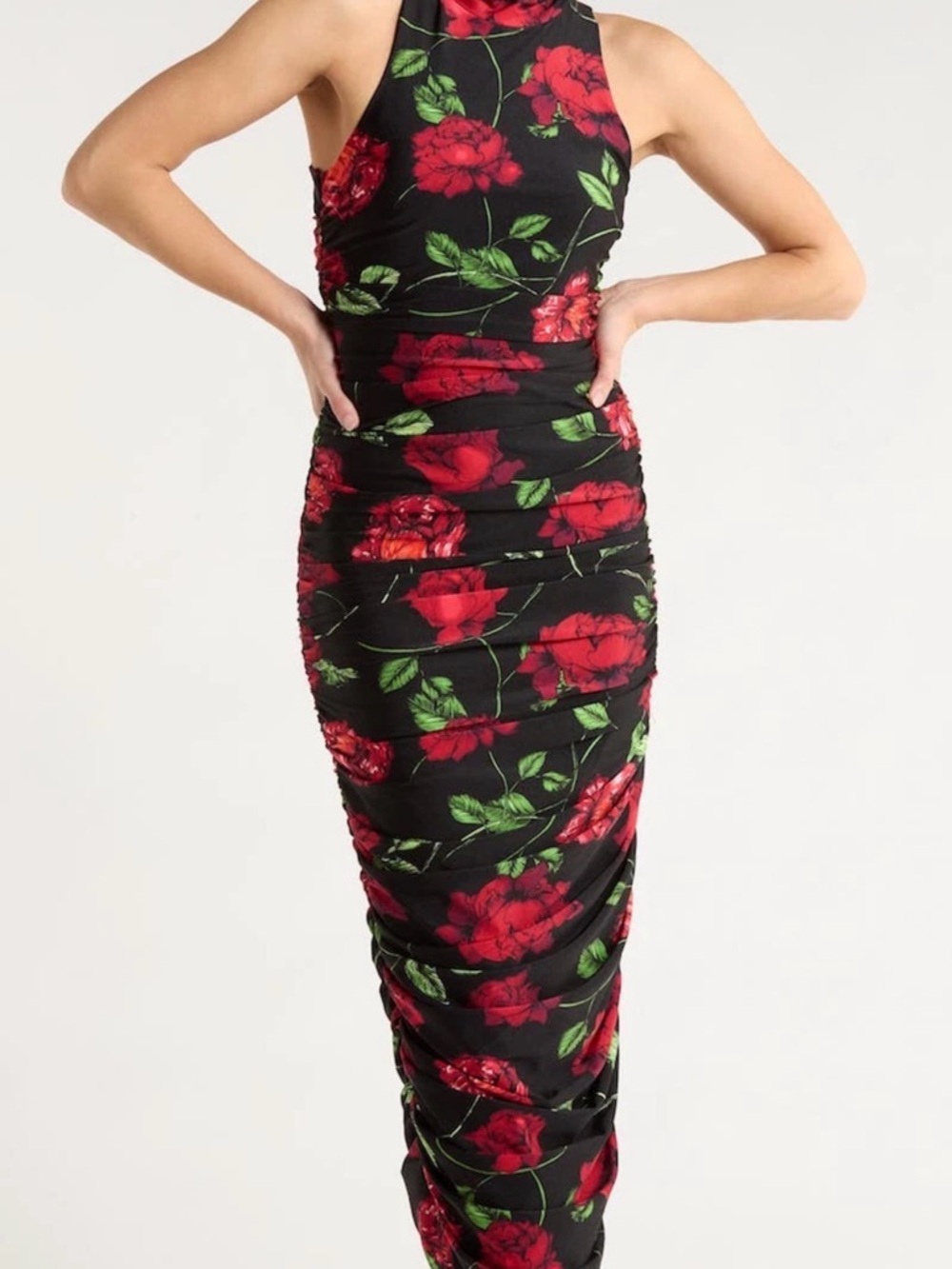 AFRM Black Maxi Skirt with Red Rose Print